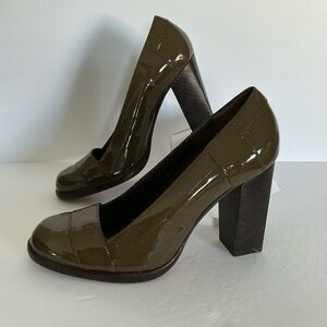 Cole Haan Kendra Nike Air Patent Leather Sepia/Green Block Heel Pumps 7,5